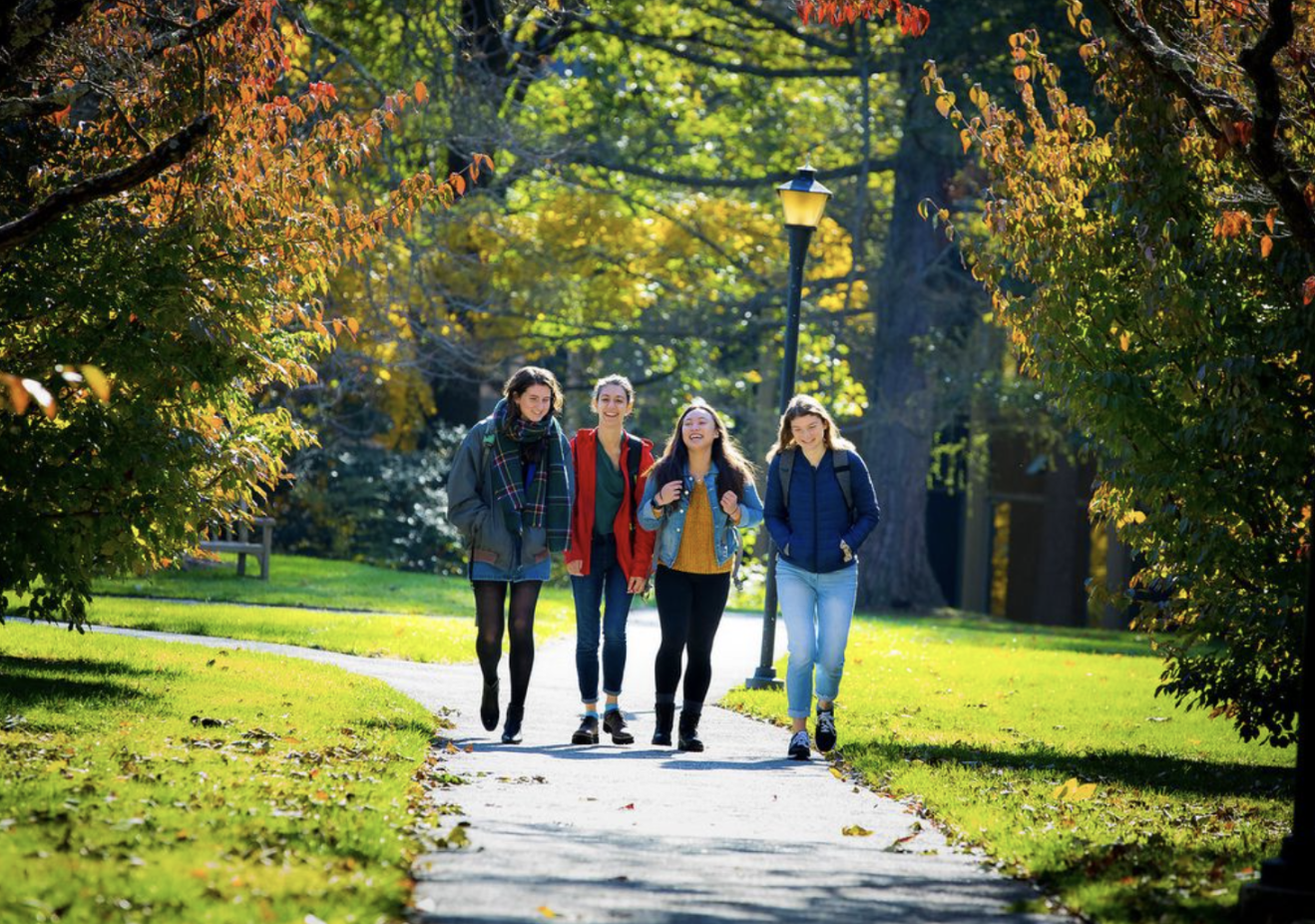 Group of four students walking on a path